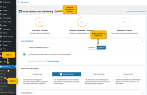 Picture with directions showing how to enable automated scanning of your WordPress site in Wordfence.