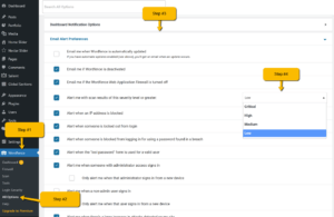 Picture showing how to set Wordfence Security Alerts threshold.