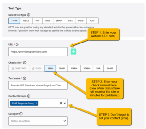 Picture of instruction on what fields to enter for creating a New Uptime test on StatusCake.